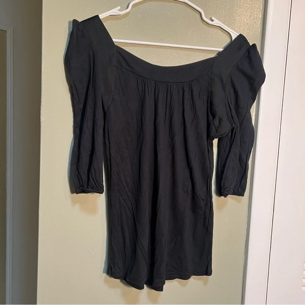 Loft Women's Size Small Square Neck Blouse Puff Sleeve Black Satin Trim Modal
